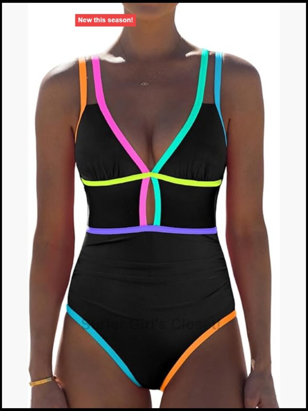 Women's Tummy Control One Piece Swimsuit Cutout Neon Color Block Bathing Suit